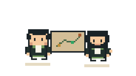 Animated pixel Dan and Manu planning the quest together