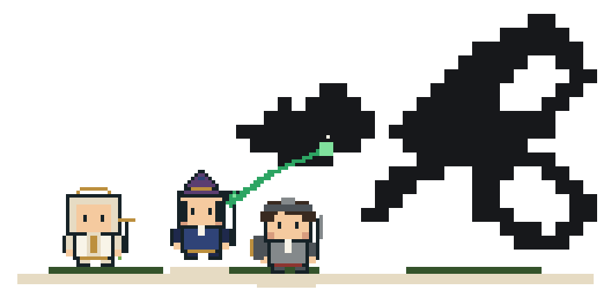 Animated pixel party of three characters fighting a black block-pixel dragon
