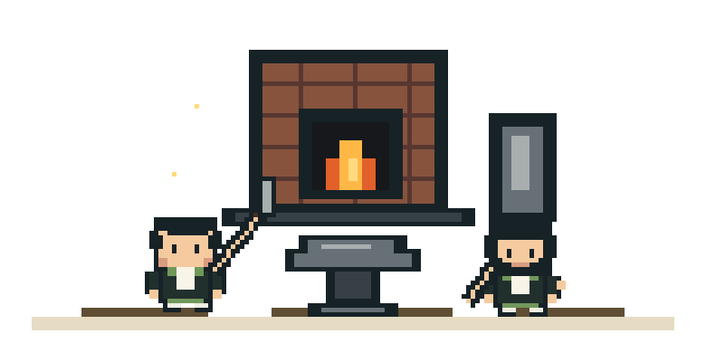 Animated pixel Dan and Manu hammering an anvil beside a forge