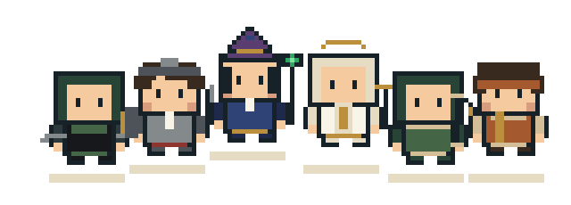 Animated pixel adventuring party with wizard, warrior, rogue, priest, ranger, and monk